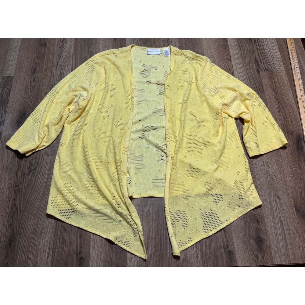 Alfred Dunner Sweater Womens Size L Yellow Cardigan Open Front Pointelle Knit